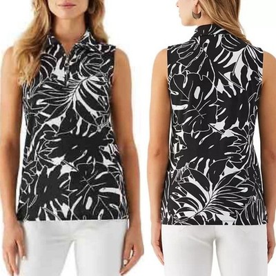 Rafaella Black & White Tropical Leaf Print Zip-Front Sleeveless Top XXL