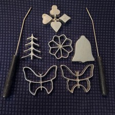 Vintage Scandinavian Rosette Iron Cookie Maker Set 6 Molds 2 Handles Festive