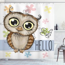 Owls Shower Curtain, Cartoon Owl and a Butterfly on Floral Background Hello M...