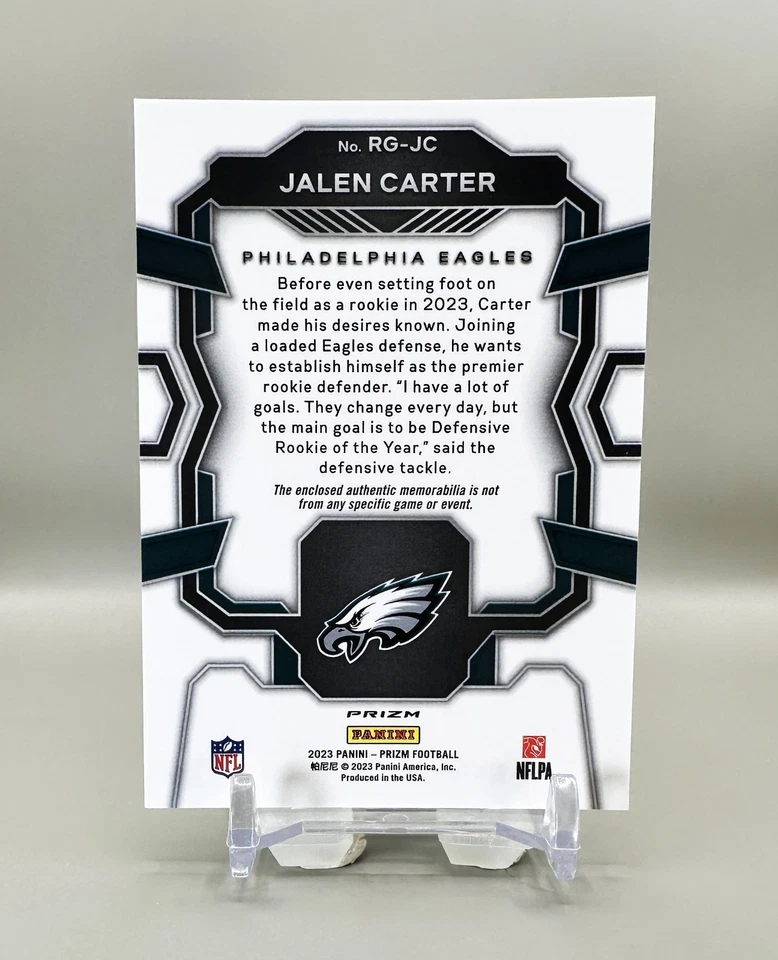 2023 Panini Prizm Football Rookie Gear #RG-JC  (Green Prizm) JALEN CARTER [RC] - Image 2 of 2