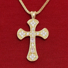 Flared Cross Gold Tone W/Rhinestone Cross Pendant Necklace 24  