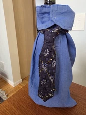 Wine Bottle Gift Bag, New, Handcrafted, Blue Sleeve, With Floral Silk Tie