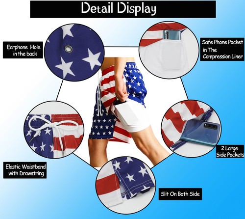 US Flag Mens Swim Trunks w/ Compression Liner, 7 Inch, Quick Dry - Bild 5 von 10