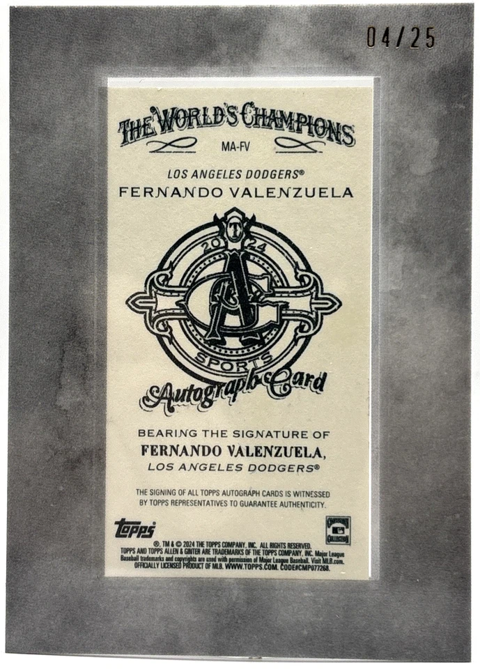 2024 Topps Allen & Ginter X - Fernando Valenzuela - Autograph /25 - Dodgers Read - Image 2 of 2
