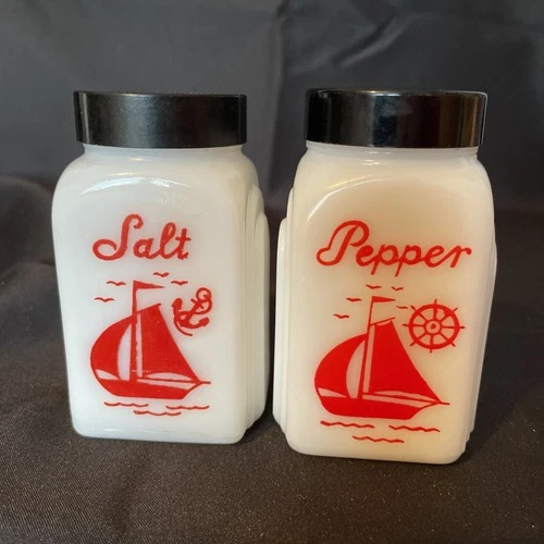 1930s McKee White Milk Glass Red Sailboat Roman Arch Salt & Pepper Shaker Set