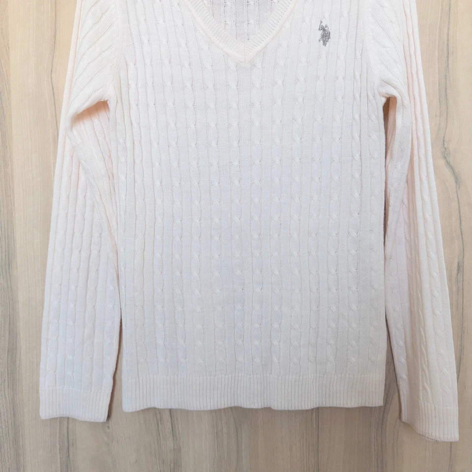 Suéter tejido con cable US Polo Assn para mujer talla L rosa claro cuello en V Preppy Academia Foto 4 de 4