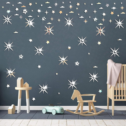 Pegatinas de pared estrellas 3D acrílico espejo decoraciones pelar y pegar estrellas plateadas - Imagen 4 de 9