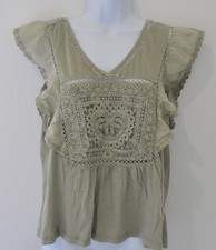 Lucky Brand Women s Blouse L Crochet Peasant Ruffle Sleeve V-Neck Shirt Top NWT