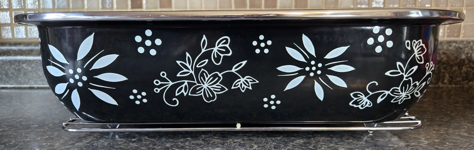 Temp-tations by Tara Black Floral Lace Enameled OPEN ROASTER w/rack 16.5" NEW