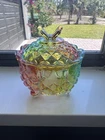 Vintage Style Carnival Glass Butterfly Handle Covered Dish  Footed Bowl