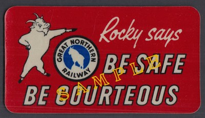 Great Northern Ry Rocky Says BE SAFE BE COURTEOUS Scotchlite Aufkleber 50er