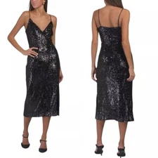 New Ramy Brook Black Stretch Sequin Leanne Midi Dress Size 4 Retail $565