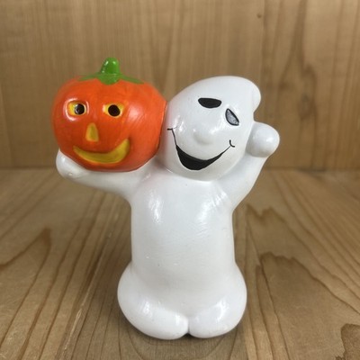 Happy Ghost Figurine Pumpkin On Shoulder Handmade Ceramic 5 Inch Halloween