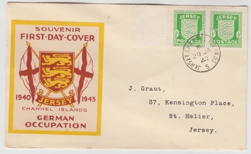 1942 GERMAN OCCUPATION of JERSEY marginal pair 1/2d Arms on official illust FDC