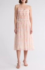 NEW Women Lush Shirred Fit & Flare Midi Dress, Pink Cream Multi Floral, Size M
