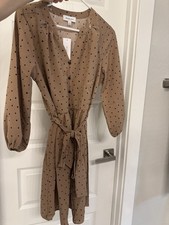 Gilli Polka Dot Shirt Dress Brown/Black Button Front Belted V-Neck M