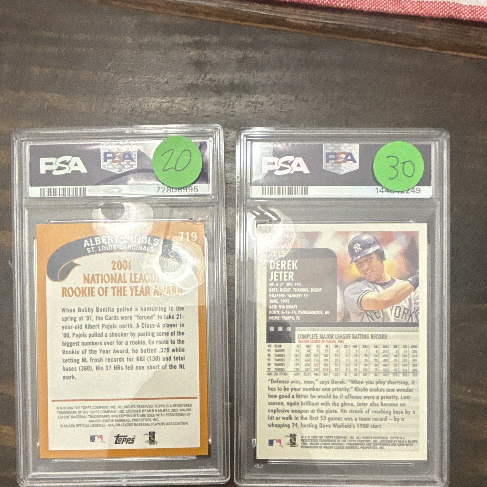 Topps PSA 8 Derek Jeter 2000 #15 & Albert Pujols 2002 #719 (2 Cards) view 2