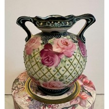 Antique Nippon Moriage Beaded 4" Vase Roses