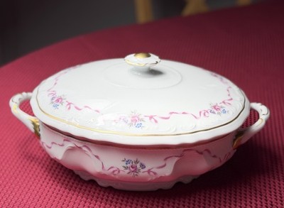 Suppenterrine mit Deckel Royal Limoges Rosendekor Rosa Band Goldrand