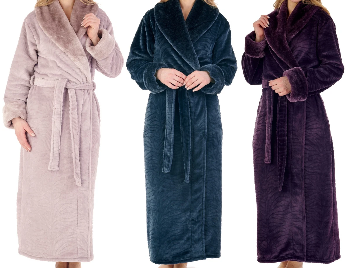 Slenderella Ladies Zebra Fleece Dressing Gown Faux Fur Shawl Collar Bathrobe