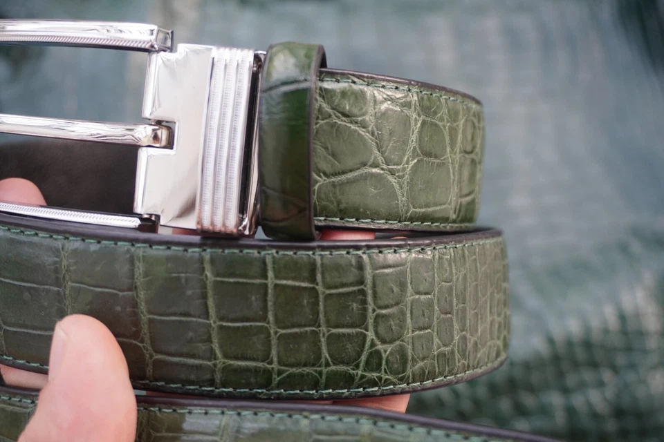 Cinturón para hombre piel de vientre de cocodrilo genuino verde - W 1,3" #T21 Foto 4 de 4