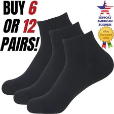 Men Crew Ankle Socks Black Low Cut Work or Sport 6 or 12 Pairs Pack 9-11 10-13