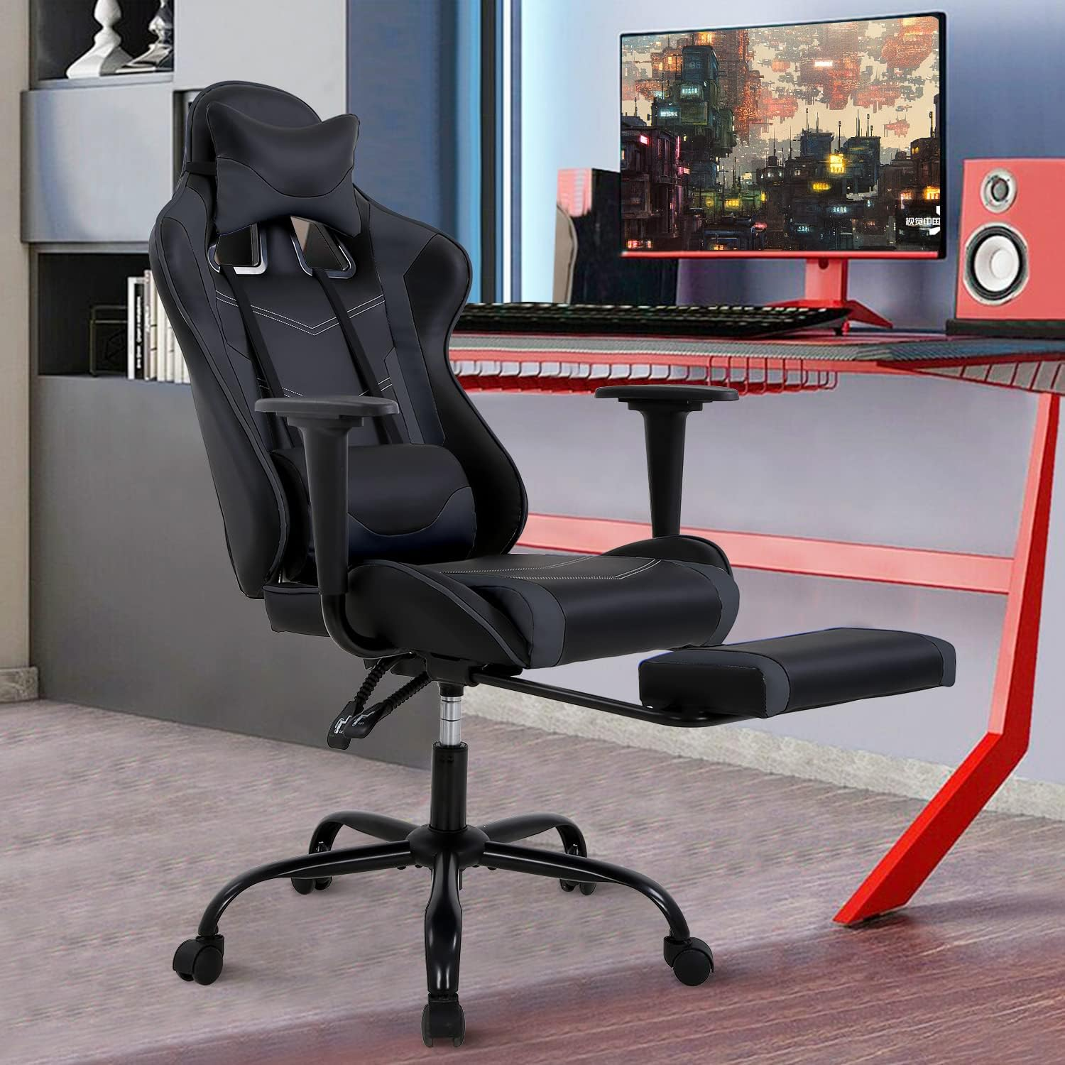 Ergonomic PC Gaming Chair with PU Leather, Lumbar Support, and Headrest-image
