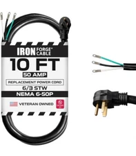 10 Ft Iron Forge Cable 6 Gauge 50 Amp Extension Cord Eyelet 3 Wire SEE PHOTOS