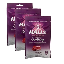 3X HALLS Throat Soothing Cool Berry Flavor Cough Drops 3 Bags 75 Total Drops
