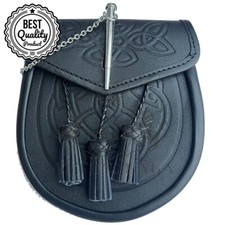 Black Celtic Embossed Kilt Sporran Pin Lock Leather Traditional Dress Sporran