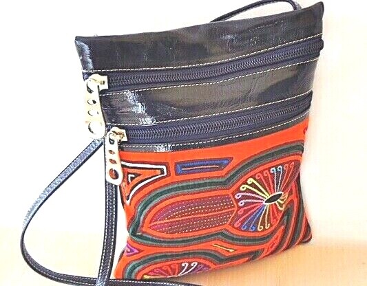 Handbag Shoulder Bag 100% LEATHER Orange Blue & Handcrafted Fabric LIMITED . NEW-image