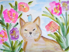New ListingColorful Cat Bird Flowers Watercolor Painting Collectible Art