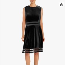 Calvin Klein Velvet Fit and Flare Dress with Sheer Inserts at Hem