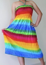 Vintage Women’s Rainbow Tie Dye Hippie Smocked Summer Mini Tube Top Dress OS