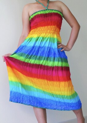 Vintage Women s Rainbow Tie Dye Hippie Smocked Summer Mini Tube Top Dress OS