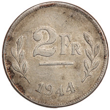 1944 BELGIUM 2 FRANCS WW2 COIN