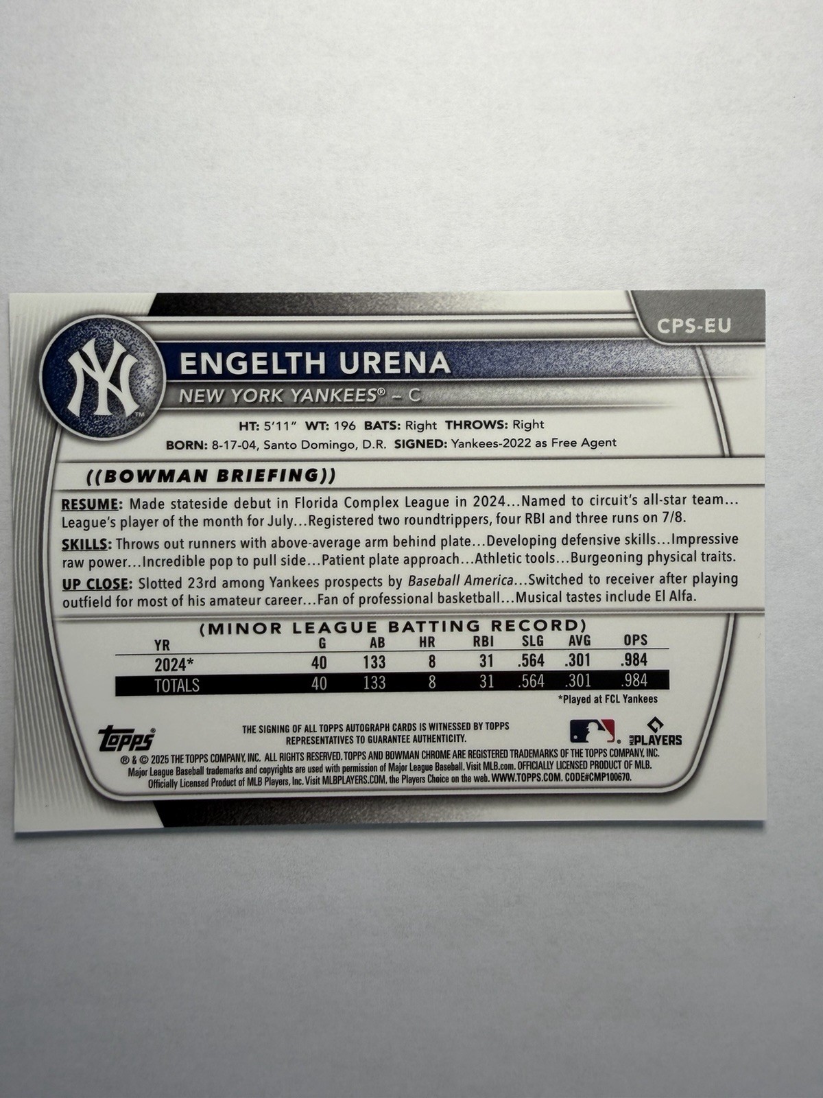 2025 Bowman Sapphire Edition - Chrome Auto Engelth Urena #CPS-EU /199 (AU, RC) view 2