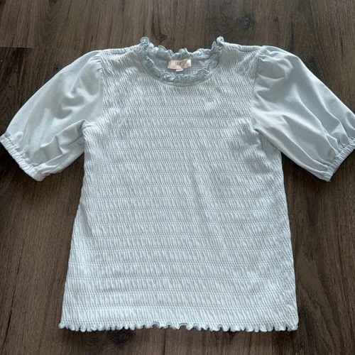 LOFT Smocked Top Puff Sleeve Petite Small S SP Light Blue Blouse