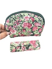 Vintage Floral Makeup Bag  Lipstick Case Set Green Pink Cosmetic Pouch Springy