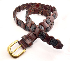 Vtg Brown Braided Leather Belt Brass Buckle Womens M Woven Festival Western Boho