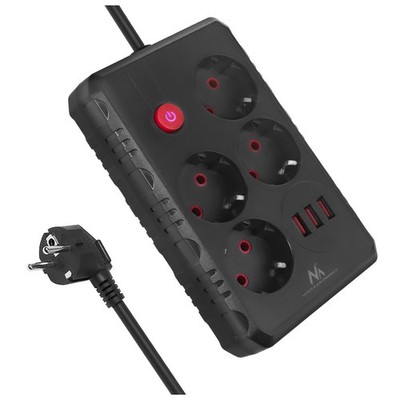 Maclean MCE392 B Steckdosenleiste, 4 Steckdosen + 3 USB, 1,5 m, schwarz