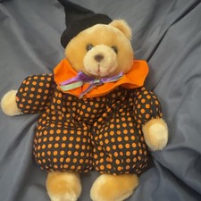 HALLOWEEN Witch Clown Russ Boo Tan Teddy Bear Plush black orange polka dot 12"