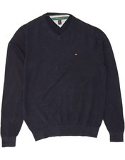 TOMMY HILFIGER Mens V-Neck Jumper Sweater Medium Navy Blue Cotton DU47