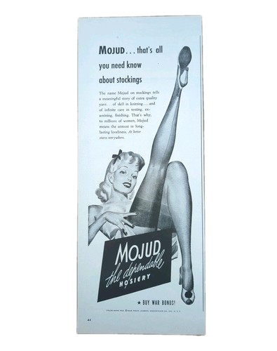 1943 vintage Mojud Stocking Hosiery print ad, sexy, unique retro 1940's Art