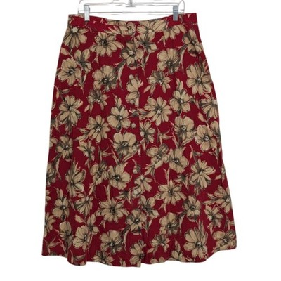 Ali Miles Floral Midi Skirt Womens Petite Size 16 Red Linen Cotton