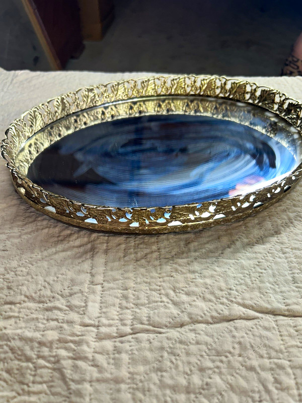 Oval Mirrored Glass Vanity Tray, Ornate Gold Tone Metal Filigree Rim