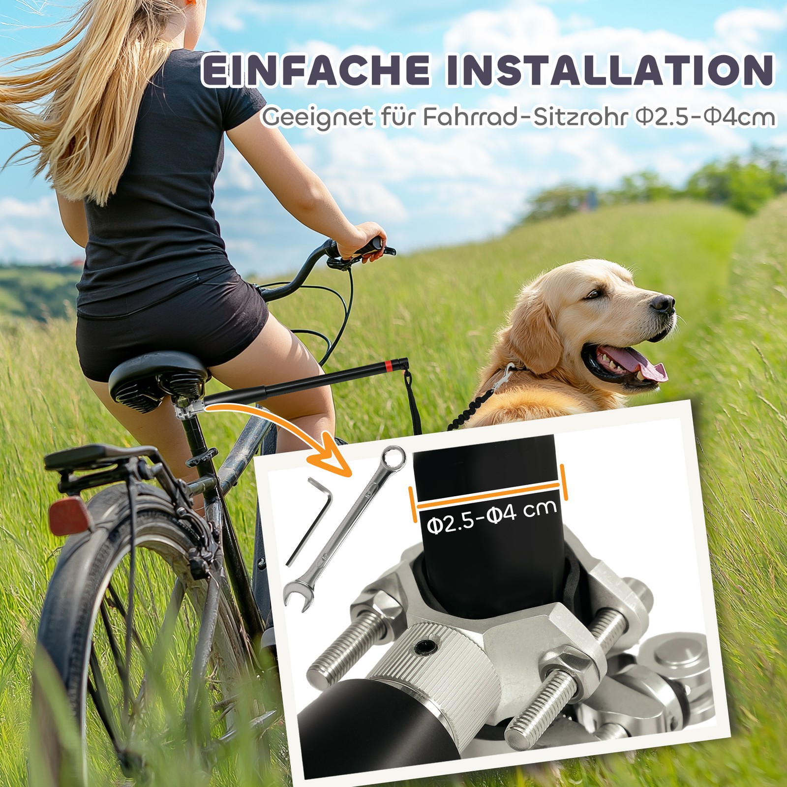 Fahrradleine für Hunde Fahrrad Hundeleine für Radfahren, Training, Schwarz