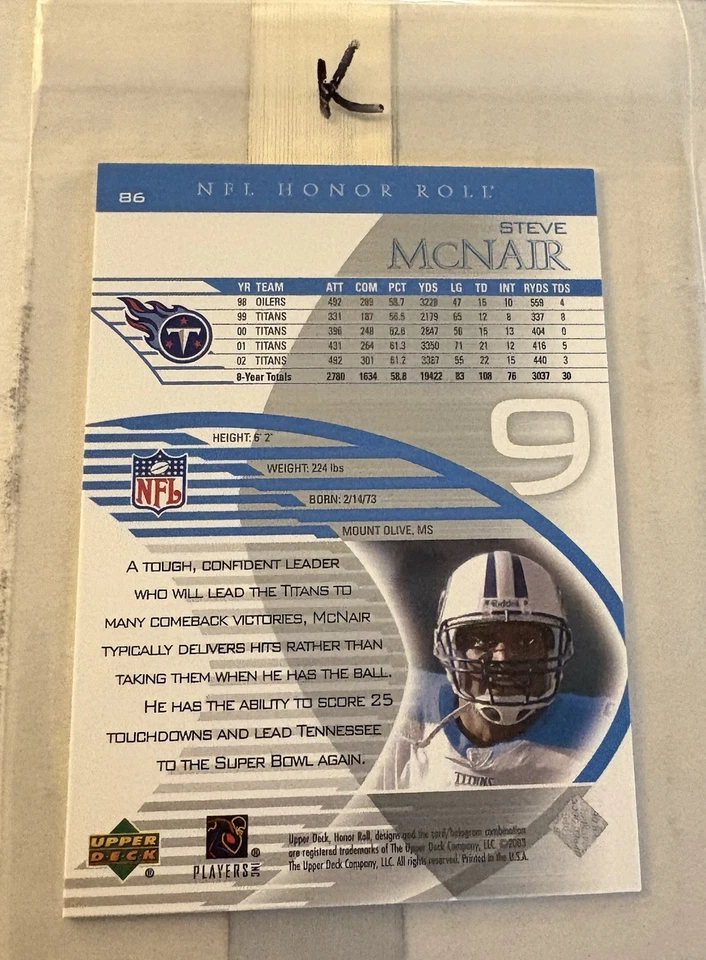 2003 Upper Deck Honor Roll - Steve McNair #86 - Image 2 of 2