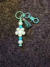 HANDMADE LIGHT BLUE GREEN SILICONE BEADED KEYCHAIN BAG CHARM WITH TASSEL F 