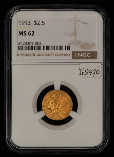 1913 G$2.50 Indian Head Gold Quarter Eagle - Looks 63 - NGC MS 62 - SKU-G5970
